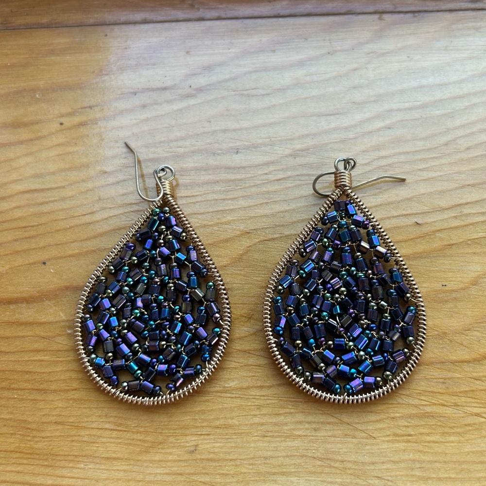 NOVICA handmade teardrop shaped purple/blue beaded earrings, worn once